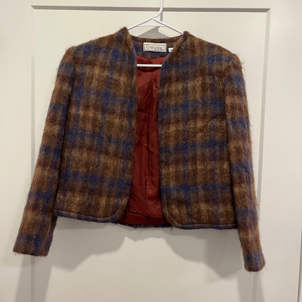 Gregge Sport Vintage Mohair Wool Plaid Jacket Brown Blue Size 8 Made in USA